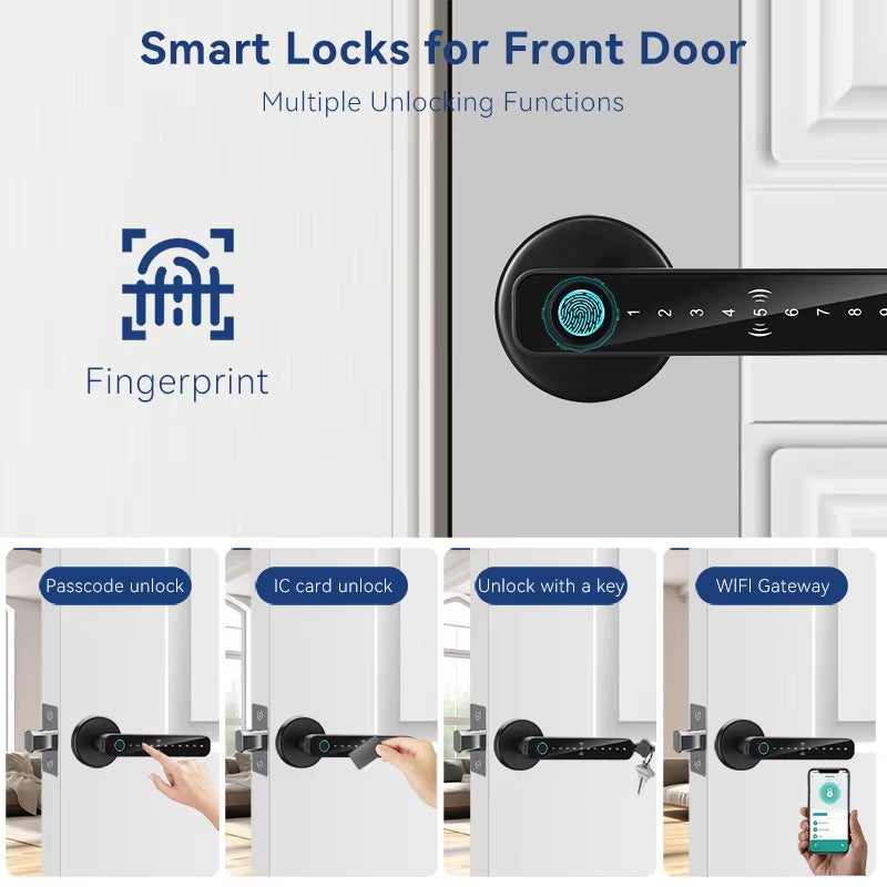 Smart Door Lock Handle Tuya Fingerprint Key Card Digital Door Lock Keypad Key Entry Electronic Lock Home House Apartment