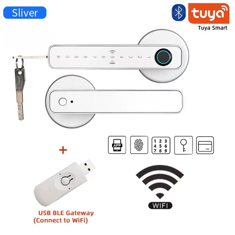 Smart Door Lock Handle Tuya Fingerprint Key Card Digital Door Lock Keypad Key Entry Electronic Lock Home House Apartment