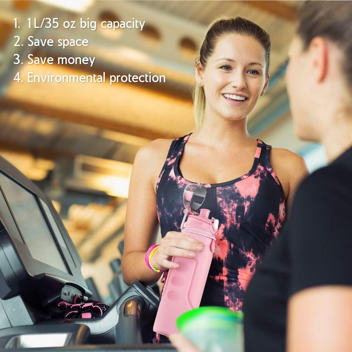 1L Collapsible Water Bottle BPA Free Portable Large Travel Mug Reusable Sports Bottle (35 Oz Pink)