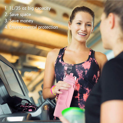 1L Collapsible Water Bottle BPA Free Portable Large Travel Mug Reusable Sports Bottle (35 Oz Pink)